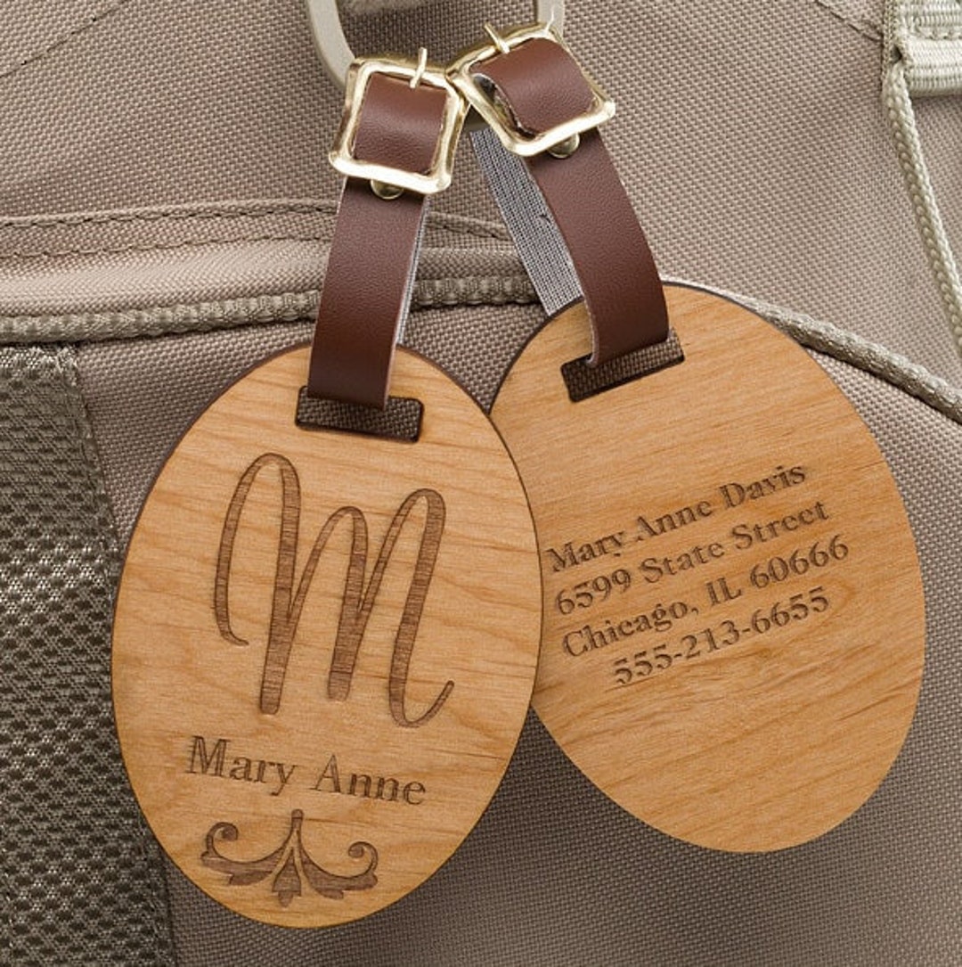 Wooden Custom Laser Engraved Luggage Tags. Pair of Tags With Leather Straps and Choice of Fonts