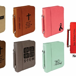 Laser engraved leather bible cover.  choice of image, font and wording.  2 sizes free shipping