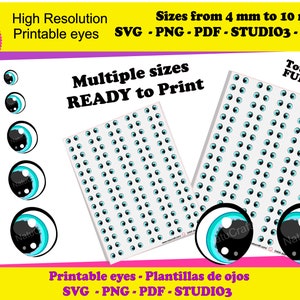 May include: Printable googly eyes in various sizes, from 4 mm to 10 mm, with a total of 28 files. The image shows a set of eyes in different sizes, along with a sheet of multiple eyes in a grid pattern. The text "Multiple sizes READY to Print" is visible on the image.