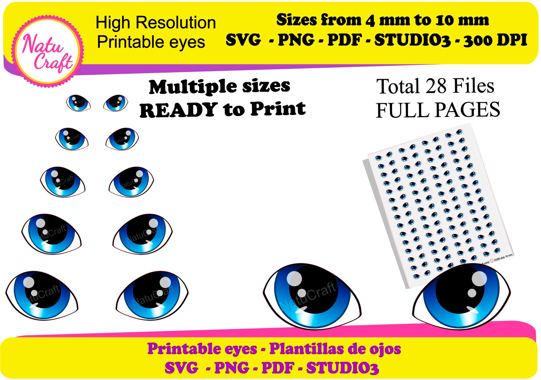 Printable Eyes Blue Eyes for Dolls Princess PNG Files 7 Sizes Available ...