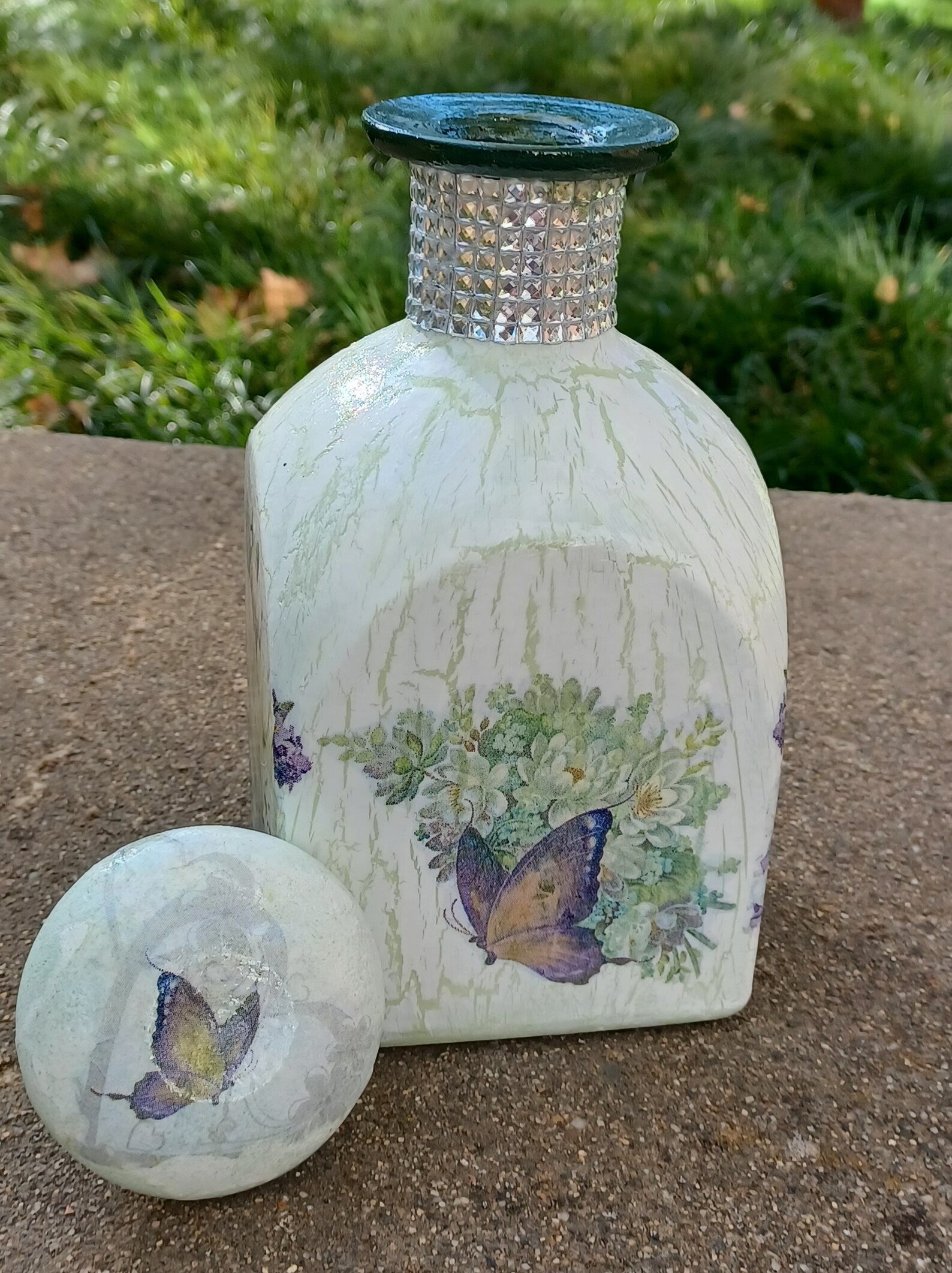 Decoupaged Bottle With a Crackle Effect/ Decorated Bottle/ Etsy
