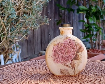 Decoupaged glass bottle/favor bottle/ Upcycle Glass Bottle/Home Deco/Gift/Shabby Chic