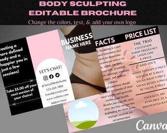 Folleto editable sobre escultura corporal, folleto de contorno corporal triple, folleto de Canva, folleto imprimible, descarga instantánea
