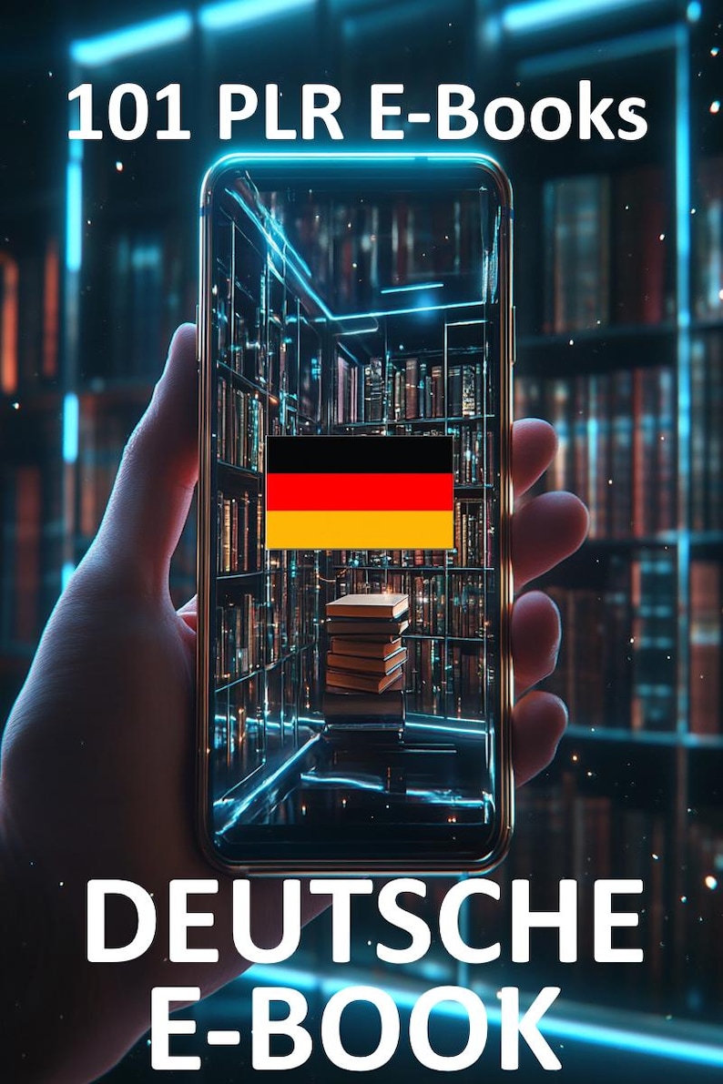 Peut inclure: Un smartphone affichant une biblioth&egrave;que virtuelle avec des &eacute;tag&egrave;res et une pile de livres. L'&eacute;cran affiche &eacute;galement le drapeau allemand et le texte "101 PLR E-Books Deutsche E-Book".