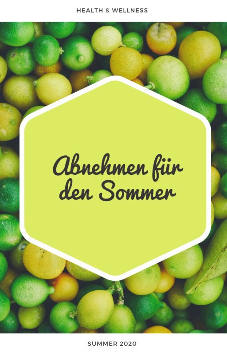 Peut inclure: Un hexagone jaune aux coins arrondis et &agrave; contour blanc sur un fond de limes vertes et jaunes. Le texte "Abnehmen f&uuml;r den Sommer" est &eacute;crit en cursive noire.