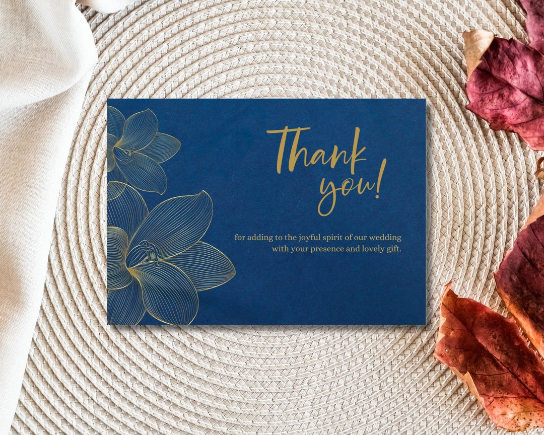Navy Blue Thank You Card Elegant Blue and Gold Thank You Etsy