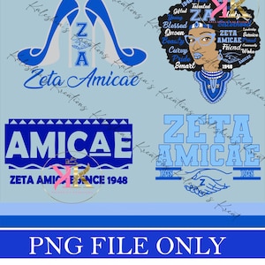 May include: Digital download graphic featuring blue high heels, a woman's portrait, and text elements. The text includes "Zeta Amicae," "Since 1948," and various positive attributes. The design is in shades of blue and white.