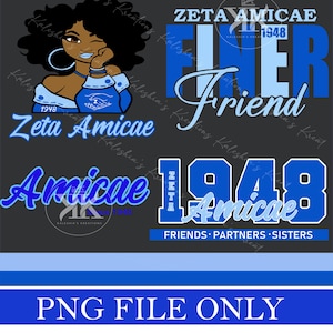May include: Digital download graphic featuring the text "Zeta Amicae" and "1948" in blue and white. Includes illustrations of a woman and various text designs. The words "Finer Friend" are also present.