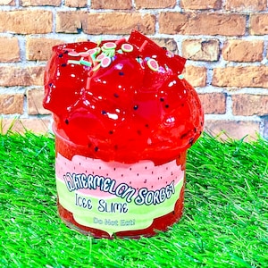 May include: Red watermelon sorbet ice slime in a clear plastic container with a green and white label that reads "Watermelon Sorbet Ice Slime Do Not Eat!"