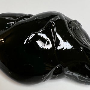 May include: A close-up of a black, gooey substance that resembles slime. The substance is shiny and has a smooth, wet texture.