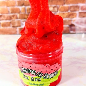 May include: A clear jar filled with red watermelon sorbet slime. The jar has a green and pink label that reads "Watermelon Sorbet Ice Slime" and "Do Not Eat!"