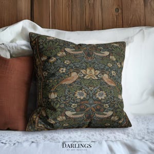 Fodera per cuscino William Morris - Cuscino decorativo vintage verde scuro Cuscino floreale vintage Cuscino Strawberry Thief con uccelli Decorazione per la casa vintage