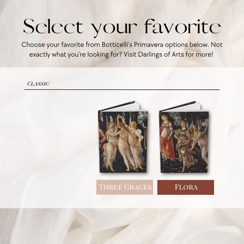 May include: Two rectangular books featuring Botticelli's Primavera artwork. The left book shows the Three Graces, and the right book shows Flora. Text reads: Select your favorite, Choose your favorite from Botticelli's Primavera options below.