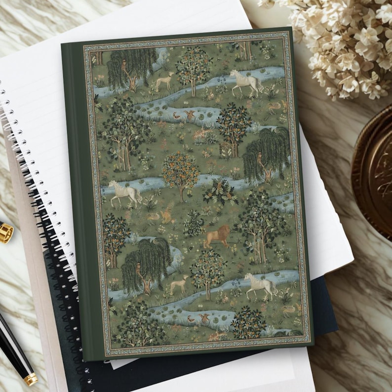William Morris Animal Journal Meadow Landscape Notebook Green Nature Journal with Horses, Lions and Dog Notebook William Morris Art Gift image 1