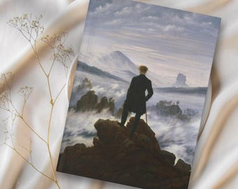 May include: A painting of a man standing on a rocky cliff overlooking a sea of clouds. The sky is a pale blue with wispy clouds. The man is wearing a dark coat and hat and is holding a walking stick. The painting is titled "Wanderer Above the Sea of Fog" by Caspar David Friedrich.