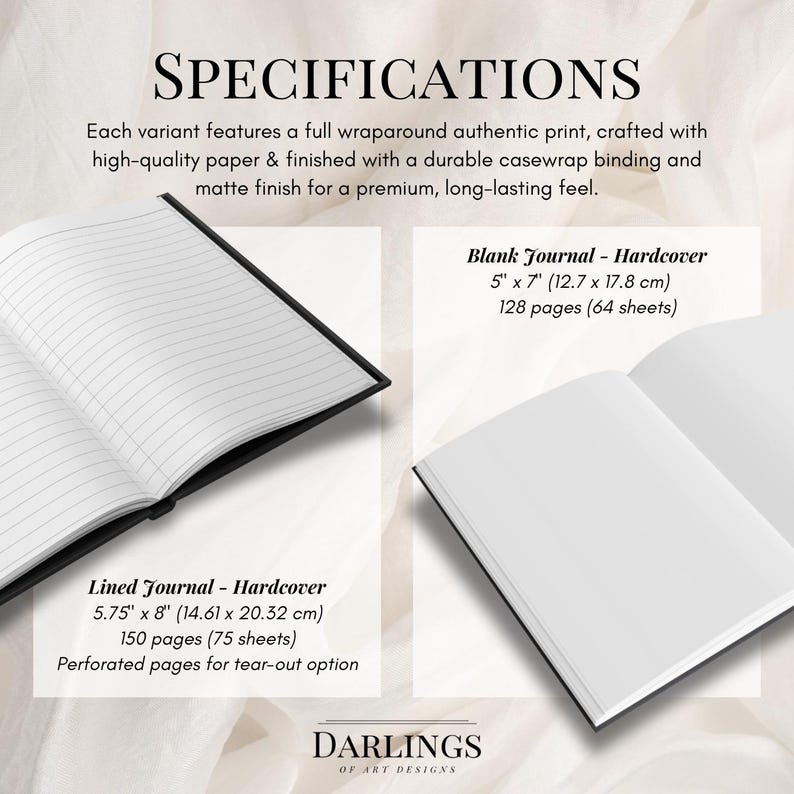 May include: Image of two hardcover journals with black covers and white pages. One is lined, measuring 5.75" x 8", and the other is blank, measuring 5" x 7". The image includes text that reads "SPECIFICATIONS" and details about the journals.