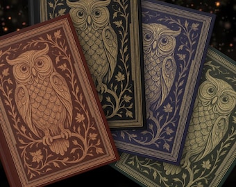 May include: Four hardback journals with owl and floral designs. The journals are in shades of brown, black, blue, and green. Each journal features a detailed owl illustration with gold accents and decorative borders.