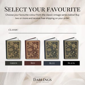 May include: Four classic vintage notebooks in green, red, blue, and black with a gold floral design. The notebooks are arranged in a row with the text "CLASSIC" above them. The text "DARLINGS OF ART DESIGNS" is below the notebooks.