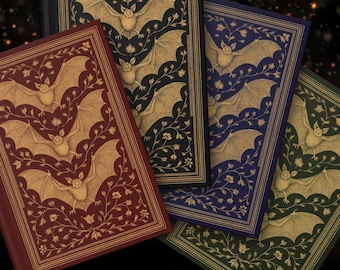 May include: A collection of decorative journals with embossed bat and floral designs. The journals are in various colors, including burgundy, navy, black, and green, with gold accents. The covers feature intricate patterns and a gothic aesthetic.