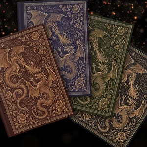 May include: Four rectangular hardback books with gold-toned embossed illustrations of dragons and floral patterns. The covers are in shades of deep brown, dark blue, forest green, and black, each featuring a central scene of two dragons breathing fire.