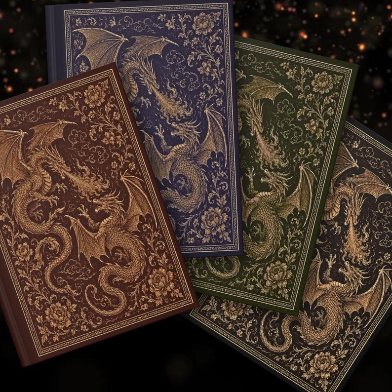 May include: Four rectangular hardback books with gold-toned embossed illustrations of dragons and floral patterns. The covers are in shades of deep brown, dark blue, forest green, and black, each featuring a central scene of two dragons breathing fire.