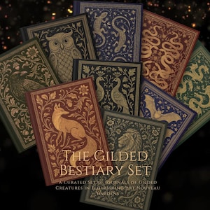 May include: A collection of hardback journals titled The Gilded Bestiary Set, featuring gold-embossed illustrations of animals including a fox, owl, lion, peacock, bat, snakes, and lizards on dark-coloured covers with intricate floral and leaf patterns.