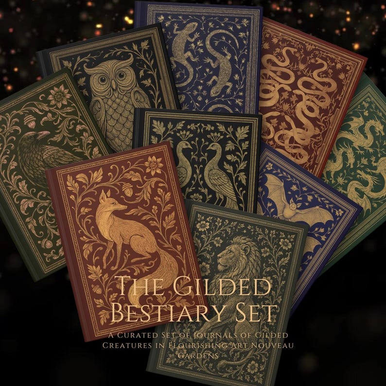 May include: A collection of hardback journals titled The Gilded Bestiary Set, featuring gold-embossed illustrations of animals including a fox, owl, lion, peacock, bat, snakes, and lizards on dark-coloured covers with intricate floral and leaf patterns.