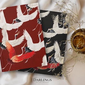 White and Red Cranes Journal Retro Animal  Notebook Japanese Birds Flying Crane Journal Art Sketchbook Animal Junk Journal Gift for Writers
