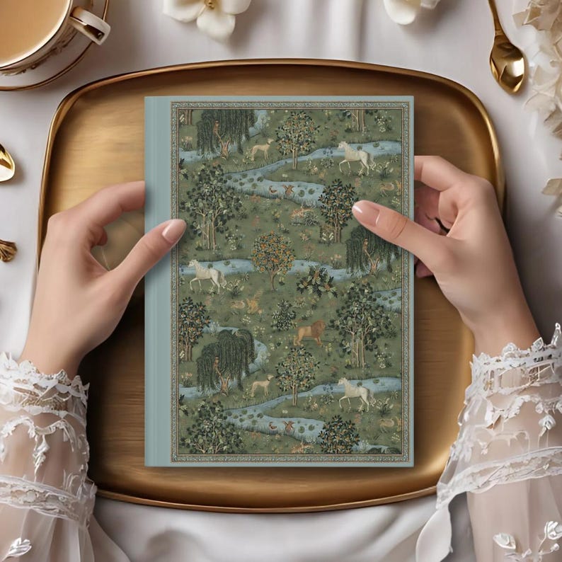 William Morris Animal Journal Meadow Landscape Notebook Green Nature Journal with Horses, Lions and Dog Notebook William Morris Art Gift image 7