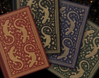 May include: A collection of hardcover books in various colors: red, black, navy blue, and green. Each book features a gold lizard and floral design on the cover. The covers have gold borders and a textured appearance.