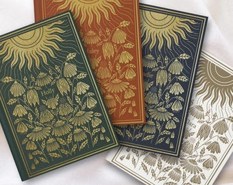 Custom Gold Flower Journal with Sun - Vintage Floral Notebook Antique Diary Green Black Blue Camel Vintage Style Gold Foil Look Stationery