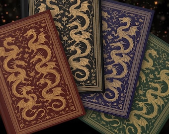 May include: A collection of hardcover journals with dragon and floral designs. The covers are in various colors, including burgundy, black, navy blue, and green. The dragon and floral patterns are in gold. The books are arranged in a slightly overlapping manner.