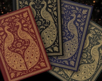 May include: A collection of hardcover journals in various colors, including red, black, blue, and green. Each journal features a gold peacock design with intricate details and floral accents. The journals are arranged in a slightly overlapping pattern.