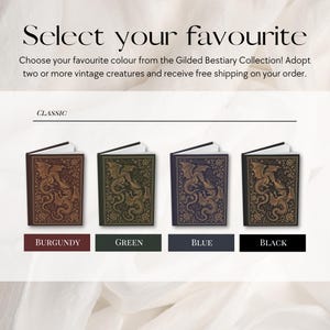 May include: Four hardback books from the Gilded Bestiary Collection, each featuring a gold-embossed dragon illustration on the cover. The books are displayed in burgundy, green, blue, and black, with corresponding colour labels below each item.