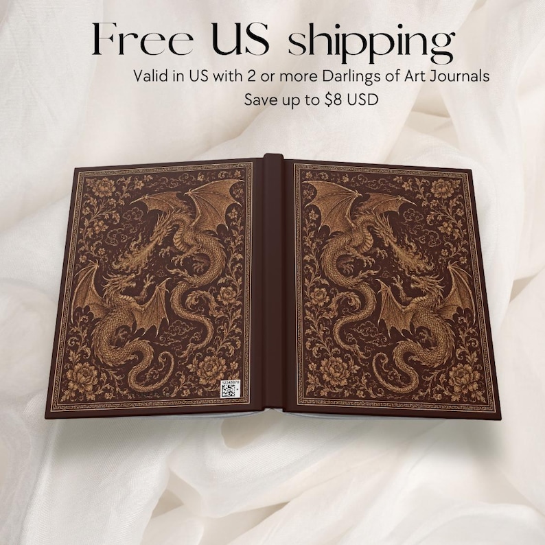 May include: A dark brown hardback art journal featuring an intricate gold-toned embossed design of two dragons intertwined with floral patterns on the front and back covers. A small square QR code is visible on the bottom right corner.