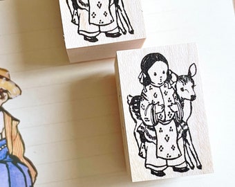Nara Stamp | Japanese Girl with Deer | Krimgen Illustrations Rubber Stamp