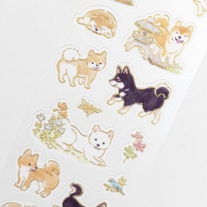 Japanische Shiba Inu Aufkleber | Hunde in der Nachbarschaft Aufkleber | Japanisches Papier mit Goldfolienakzent | Welpen Sticker
