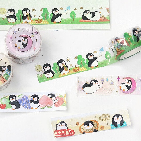 4 Designs Penguins Washi Tape | Gold Foil Masking Tape | BGM Washi Tape