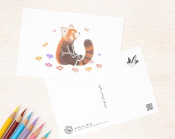 Red Panda Postcard | AtelierRili Red Panda Art | Colour Pencil Illustrations | Red Panda Illustration | Postcrossing | Japanese Illustration