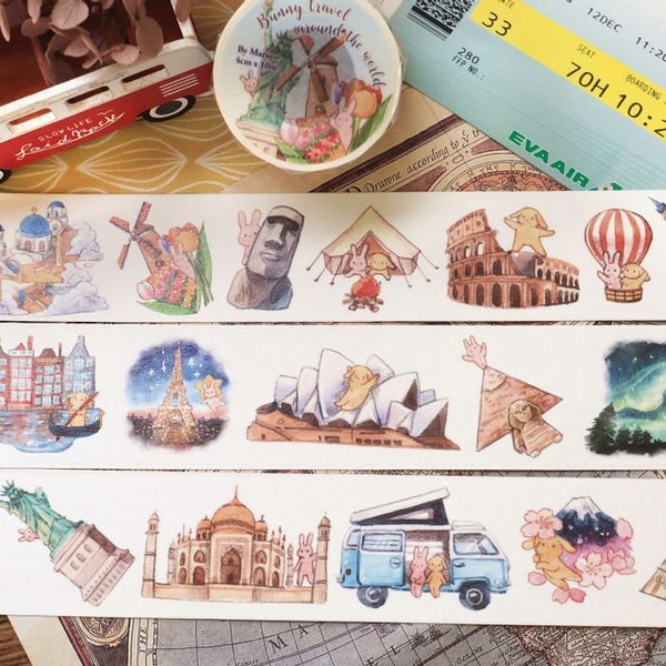 Bunny Travel Around the World Masking Tape | Maruco Art Masking Tape | Travelling Washi Tape | Travelling Masking Tape