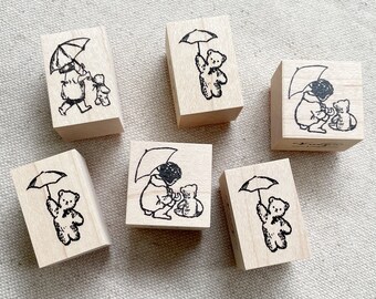 Umbrella Bears Stamp Set | Krimgen Wooden Stamps | Krimgen Illustrations