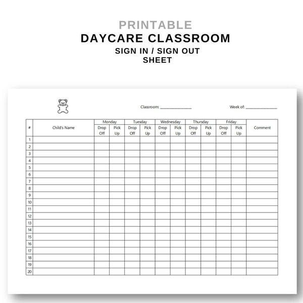 Daycare Classroom Sign-In Sign-Out Sheet | Childcare | Parent Drop-Off