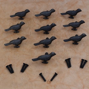 May include: Ten black cast iron bird drawer pulls with a rustic finish. The pulls are arranged in two rows of five. Each pull has a small screw for installation. The pulls are accompanied by twelve black screws.