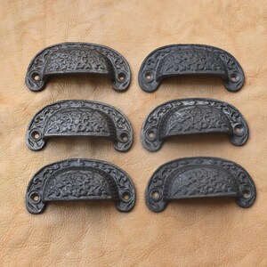 Vintage Cast Iron floral Cup Pulls, Rustic Kitchen Barn Door Knob Handles 6 pcs