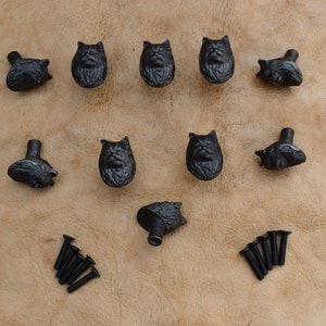 May include: Ten black cast iron cat head drawer pulls with a set of screws. The cat heads are facing forward with a furry texture.