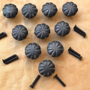 Puede incluir: Un juego de diez pomos de armario de hierro fundido negro con un diseño similar a una calabaza. Cada pomo va acompañado de un tornillo negro. Los pomos están dispuestos sobre una superficie de cuero marrón claro.