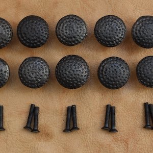 Può includere: Dieci pomelli per armadi in metallo nero con finitura martellata e design circolare. I pomelli sono forniti con dodici viti per l'installazione.