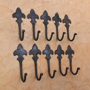 Pode incluir: Um conjunto de dez ganchos de parede de metal castanho escuro, cada um com uma placa de montagem em forma de flor-de-lis com um único orifício para parafuso no topo e um gancho curvo para baixo, dispostos em duas filas de cinco unidades.
