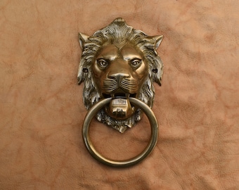 Aldrava de porta com formato de leão em latão fundido vintage, maçaneta para porta, decoração de ferragens