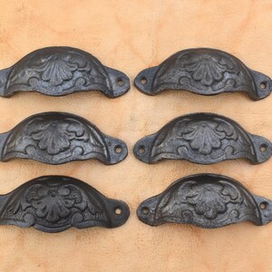 Vintage Cast Iron floral Cup Pulls, Rustic Kitchen Barn Door Handles 6 pcs